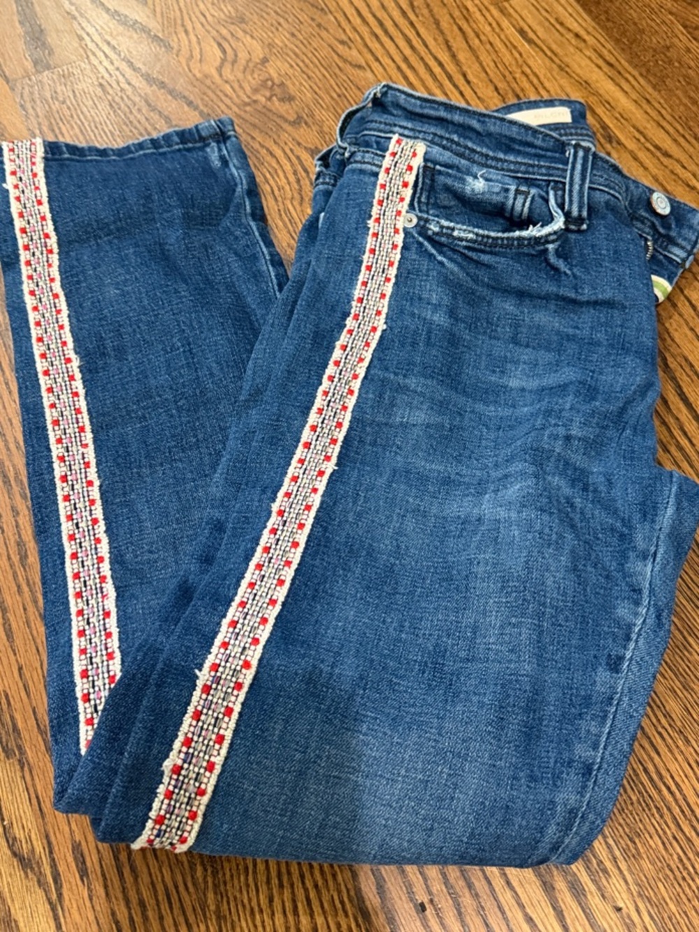 Anthropologie Pilcro Blue Straight-Leg Jeans with Red & White Side Trim